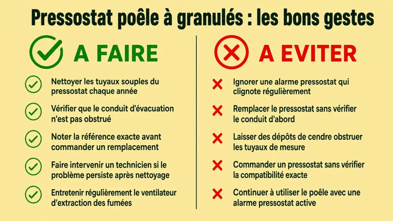 Conseils pour l'alarme pressostat poêle à granulés : à faire (nettoyer, vérifier conduit) et à éviter (ignorer, remplacer sans vérifier).