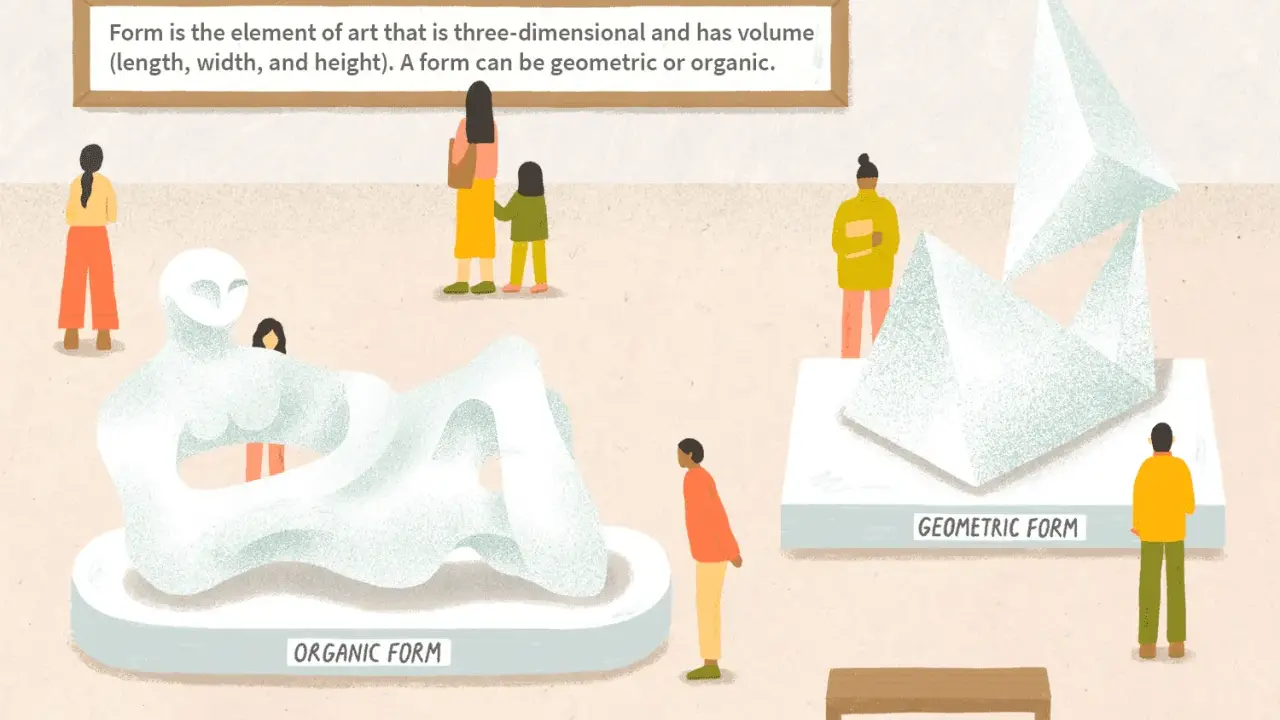 An art gallery displays organic and geometric forms. People observe sculptures, learning what are forms in art.