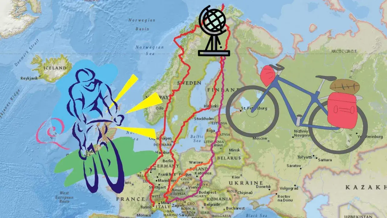 Radfahrer auf einer Europakarte, die eine Route von Island zum Nordkap 4000 und weiter nach Osten zeigt.