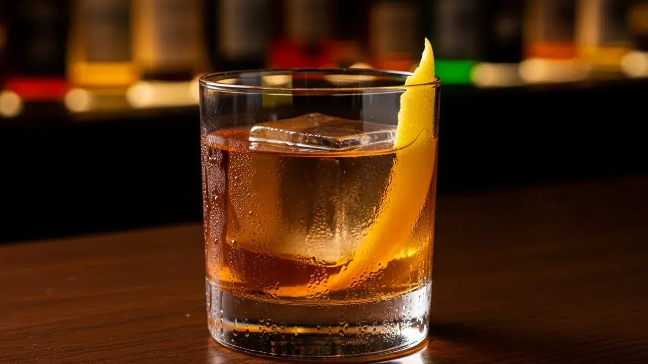En drink med is och en citronskal, som en rostig spik i en bar.