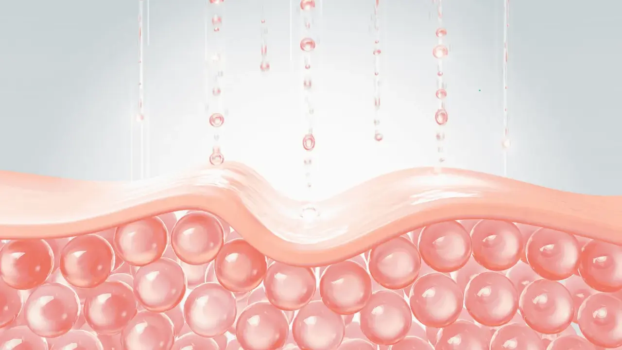 Gouttes rosées tombent sur une couche de peau, stimulant le renouvellement cellulaire.