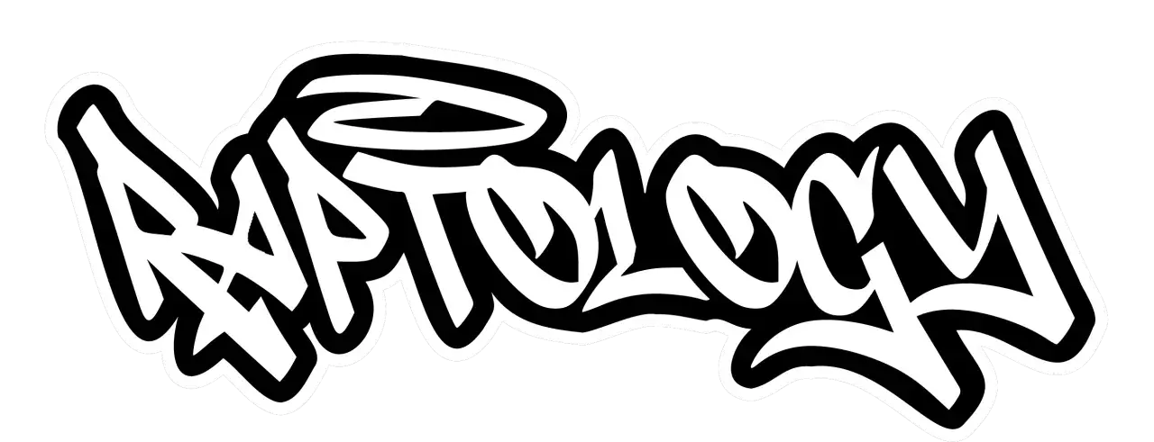 White graffiti-style lettering spelling "RAPTOLOGY" on a black background, showcasing how graffiti has changed over time with its bold, stylized forms.