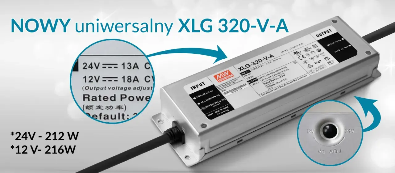 Uniwersalny zasilacz 12v 40w XLG 320-V-A, z możliwością regulacji napięcia wyjściowego, idealny do zastosowań w suchych, wilgotnych i mokrych miejscach.