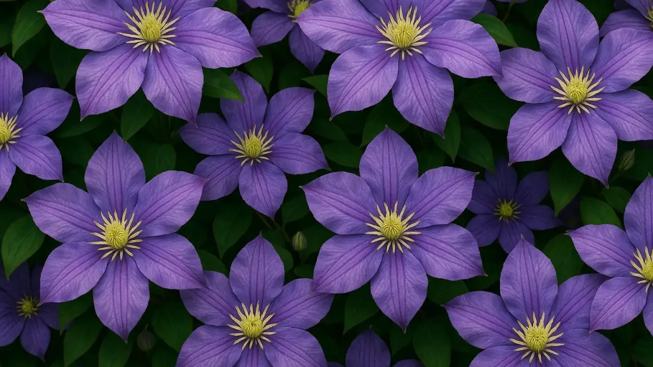 Många vackra, lila klematisblommor med gula mittar mot mörkgröna blad. En del blommor visar tecken på vissnesjuka klematis.