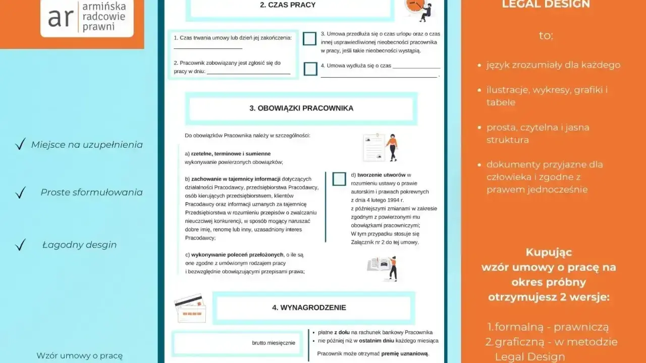 Wzór umowy o pracę na okres próbny w wersji Legal Design. Dokument ułatwia weryfikację kontrahenta dzięki prostym sformułowaniom i przejrzystej strukturze.
