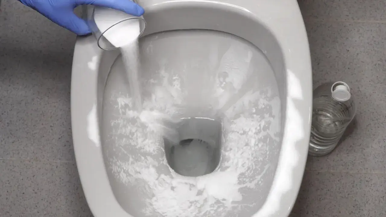 Rękawiczka w niebieskiej rękawiczce wsypuje proszek do muszli klozetowej, rozpoczynając czyszczenie muszli klozetowej.