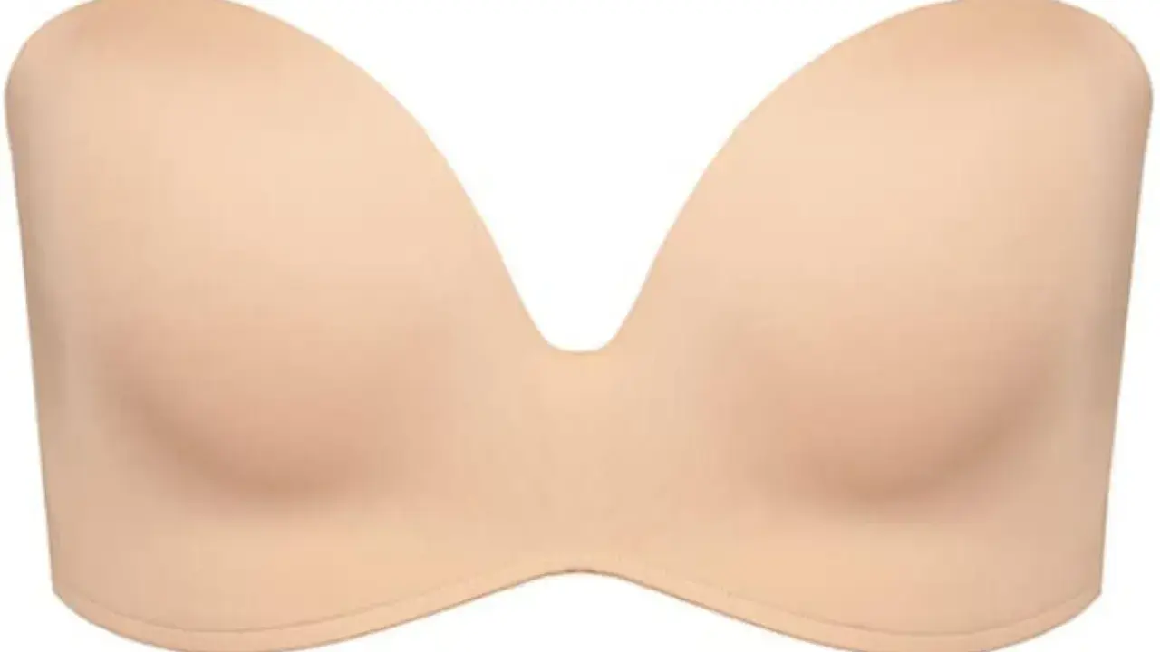 Reggiseno Wonderbra color carne, senza spalline, con scollatura profonda a V. Perfetto per abiti eleganti.