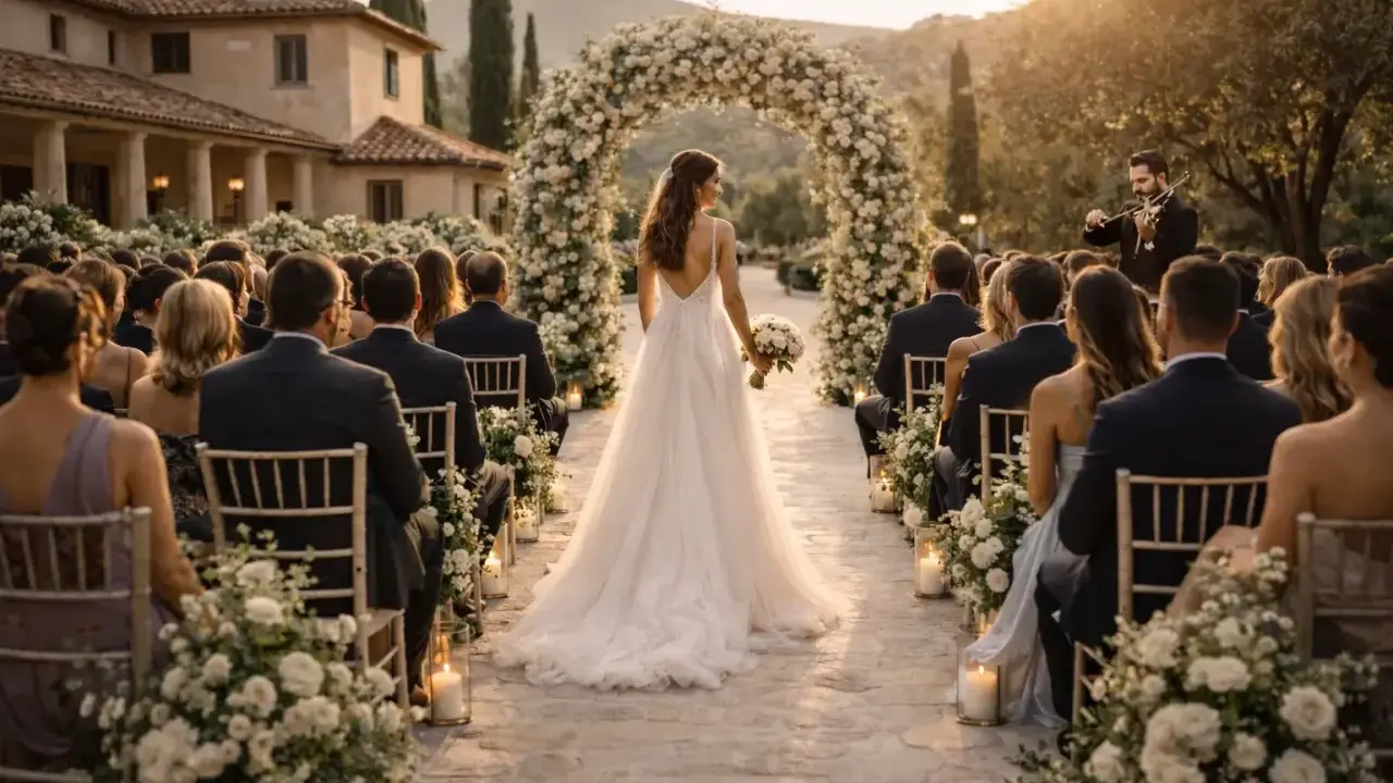 Novia camina hacia el altar bajo un arco floral, mientras un violinista toca. La ceremonia, con invitados sentados, evoca el ambiente de canciones de boda modernas.