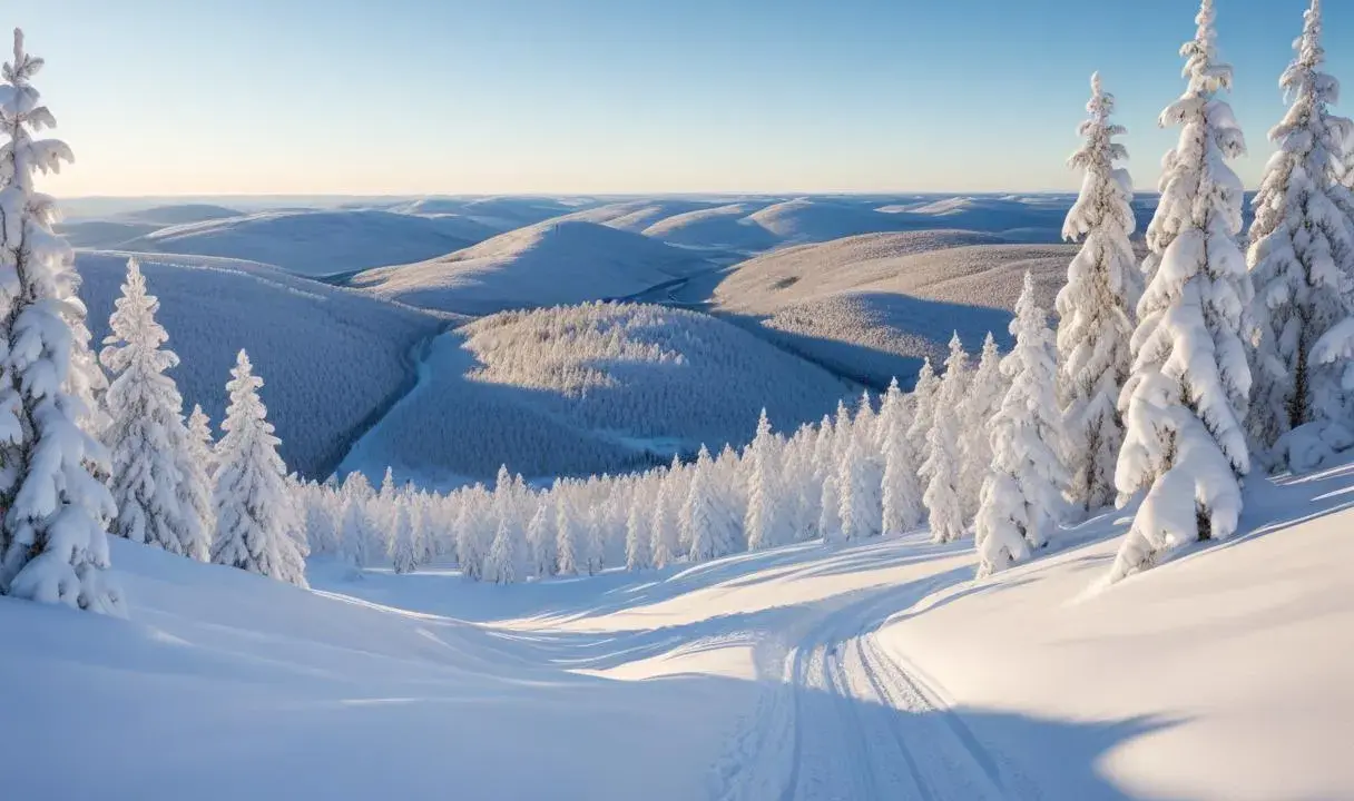 Snöklädda kullar och granar i solnedgången nära gruvberget i Boden. En skidspår leder genom det orörda vinterlandskapet.