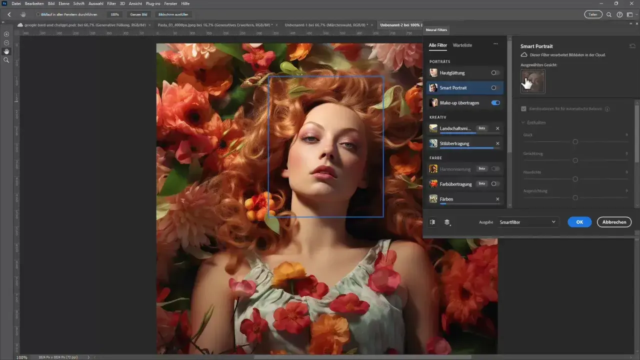 Retrato inteligente con filtros neurales de Photoshop. Una mujer con cabello pelirrojo y flores naranjas y rosas.