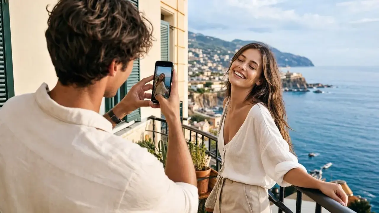 Un homme prend une photo de sa compagne sur un balcon avec vue sur la mer. Une petite attention pour immortaliser leur bonheur.