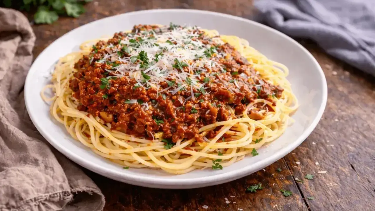 Pyszne spaghetti bolognese, idealne na prosty obiad. Makaron z bogatym sosem mięsnym, posypany parmezanem i natką pietruszki.