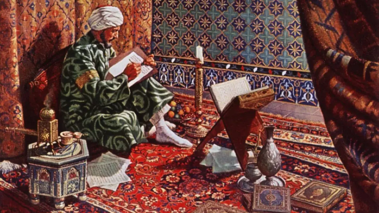 Ein Gelehrter im reichen Zelt, der schreibt. Die Szene zeigt, was die Araber erfunden haben: Wissen, Kunst und Wissenschaft.