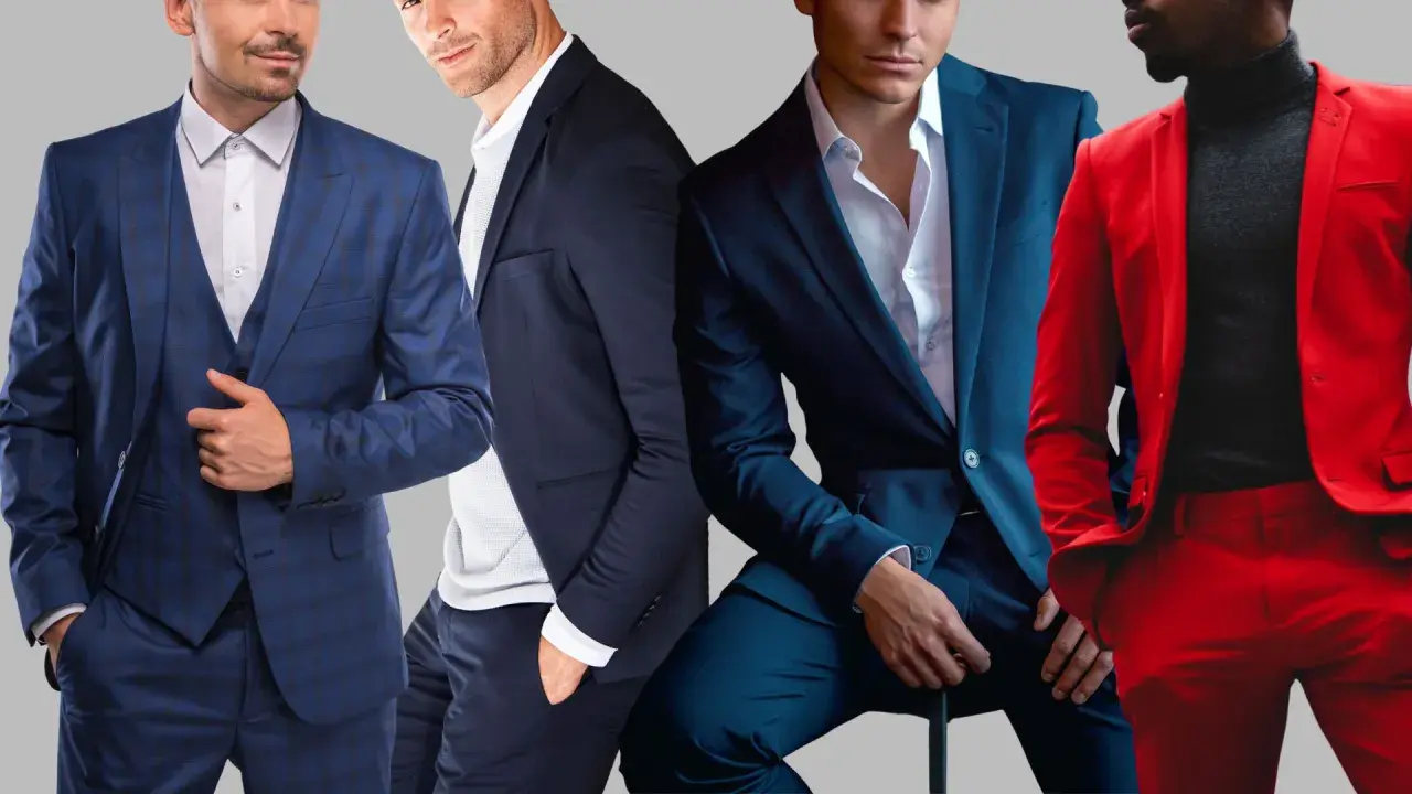 Czterech mężczyzn w eleganckich garniturach. Jeden w kratę, drugi granatowy, trzeci w ciemnym odcieniu niebieskiego, a czwarty w jaskrawoczerwonym power suit.