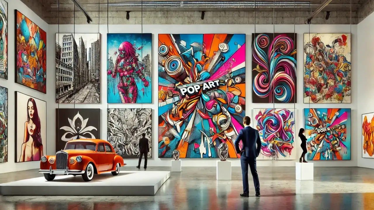 Galerie d'art moderne avec une voiture orange vintage. L'estimation tableau est en cours, avec des œuvres pop art colorées et abstraites.