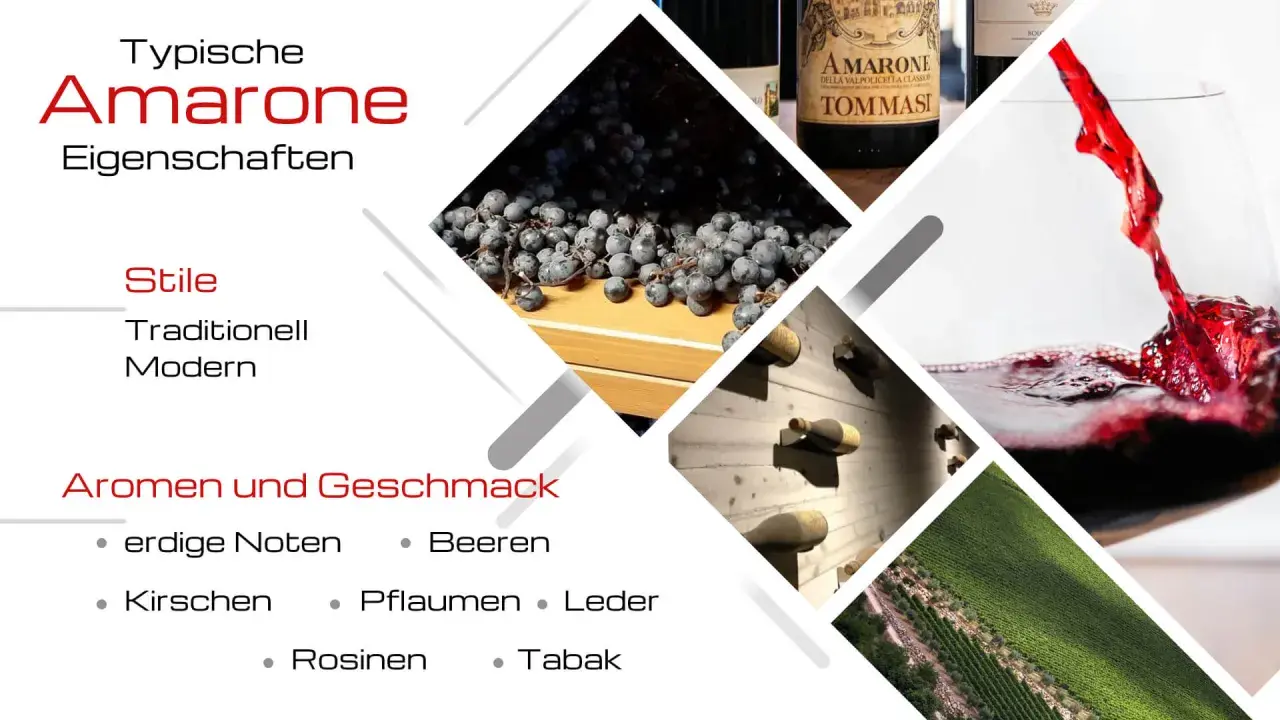 Amarone: typische Eigenschaften, Stile, Aromen wie Beeren, Kirschen, Pflaumen, Rosinen, Tabak. Erdig, Leder.
