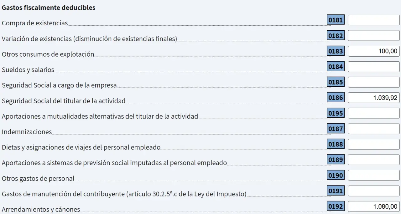 Tabla de gastos deducibles: otros gastos de personal (casilla 19) y otros conceptos.