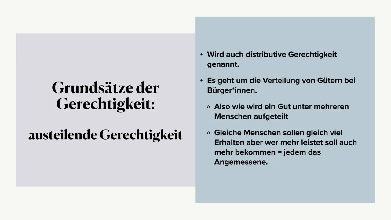 Aristoteles' Gerechtigkeit: austeilende Gerechtigkeit erklärt die Verteilung von Gütern, wo jeder das Angemessene erhält.