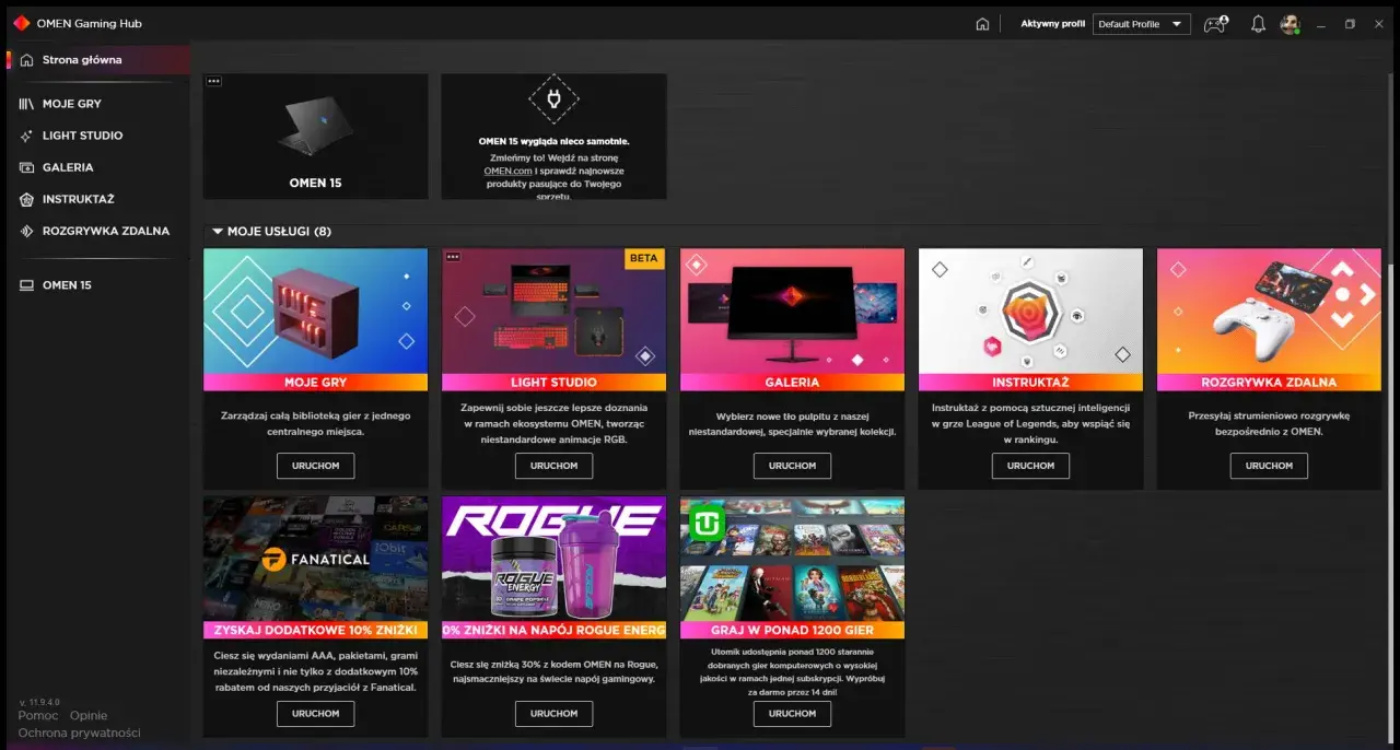 OMEN Gaming Hub: zarządzaj grami, personalizuj RGB w Light Studio, przeglądaj galerię, korzystaj z instruktażu AI i strumieniuj rozgrywkę zdalnie.