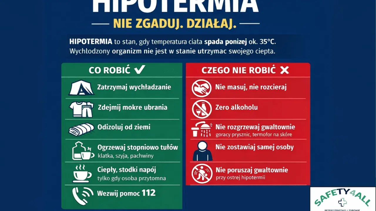 Hipotermia 2 stopnia: zatrzymaj wychładzanie, zdejmij mokre ubrania, ogrzewaj stopniowo. Nie masuj, nie podawaj alkoholu. Wezwij pomoc 112.