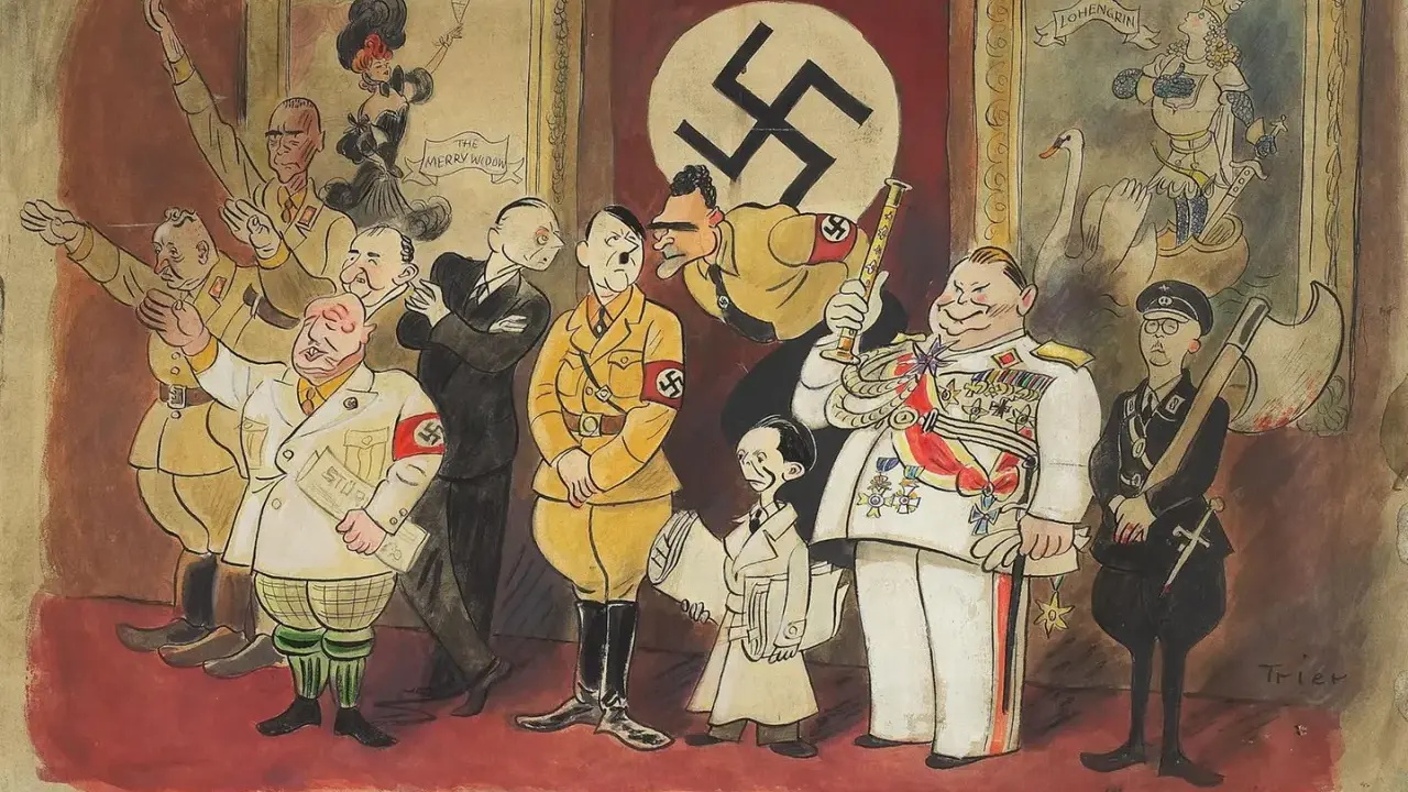 Karikatur des Nationalsozialismus: Hitler und seine Gefolgsleute, darunter Göring und Goebbels, werden grotesk dargestellt.