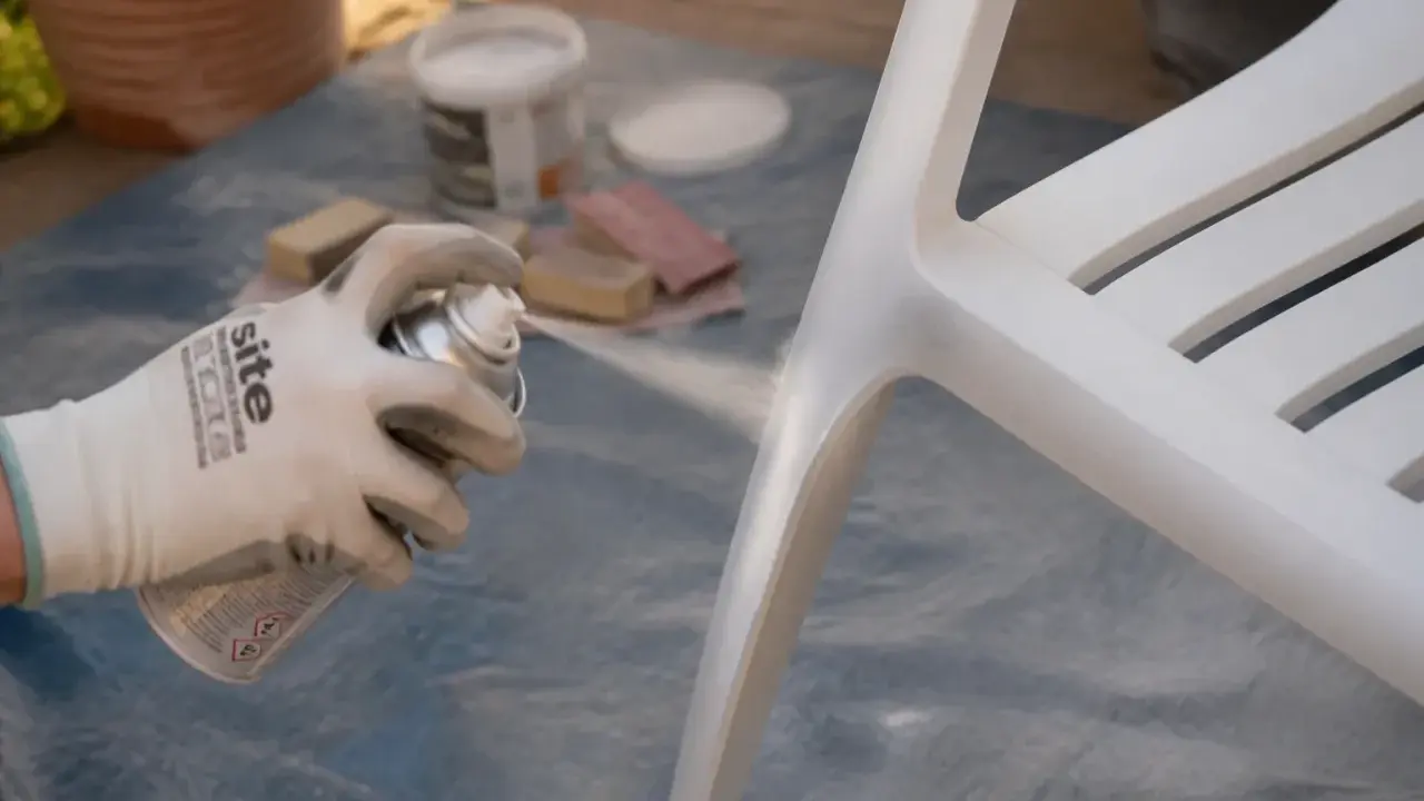 Application d'un apprêt sur une chaise blanche. Le temps de séchage de l'acétone avant peinture est crucial pour une finition parfaite.