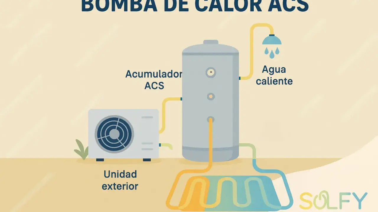 Diagrama de una bomba de calor para agua caliente sanitaria (ACS). Muestra una unidad exterior, un acumulador ACS y un sistema de suelo radiante.