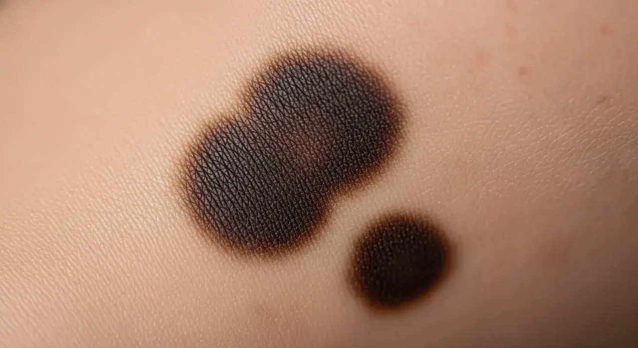 Macchie scure sulla pelle, forse residui di un peeling chimico, con texture visibile.
