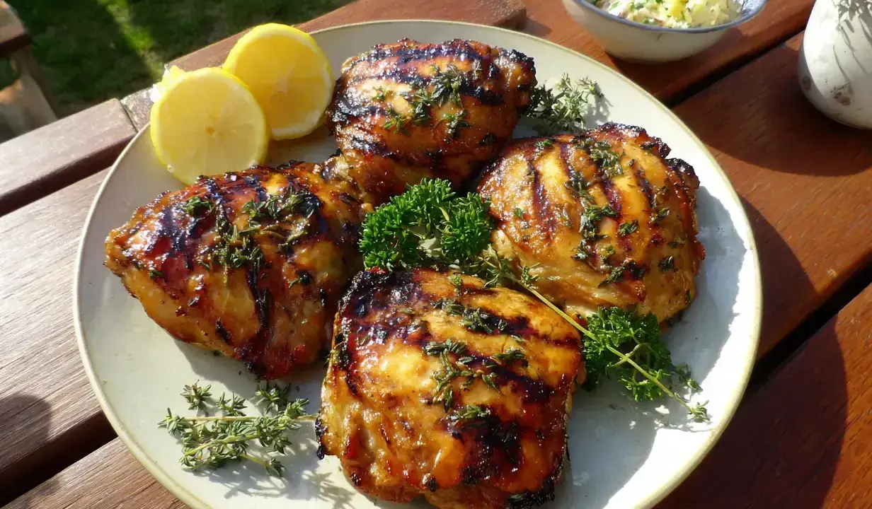 Grillade kycklinglårfileer med örter och citronklyftor, serverade på en tallrik med potatissallad i bakgrunden.