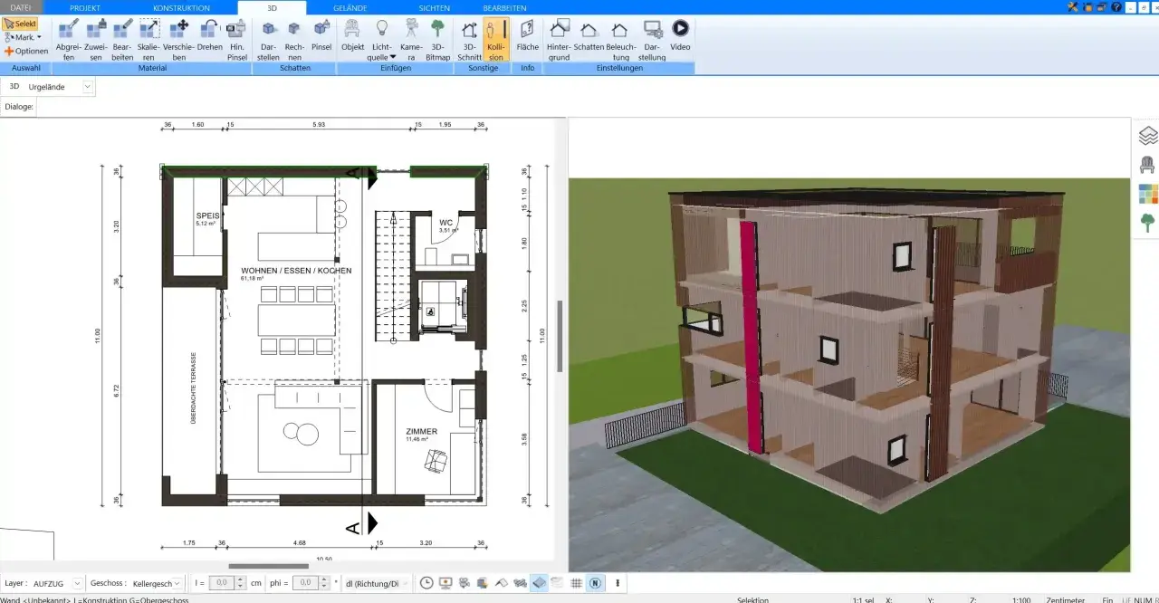 Grundriss in 3D umwandeln: Ein zweidimensionaler Bauplan wird zu einem dreidimensionalen Modell eines modernen Hauses mit mehreren Etagen.
