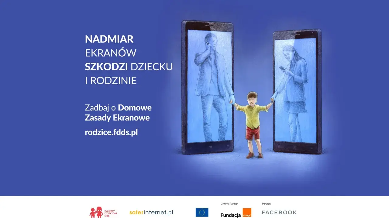 Nadmiar ekranów szkodzi dziecku i rodzinie. Chłopiec trzyma za ręce rodziców uwięzionych w smartfonach.