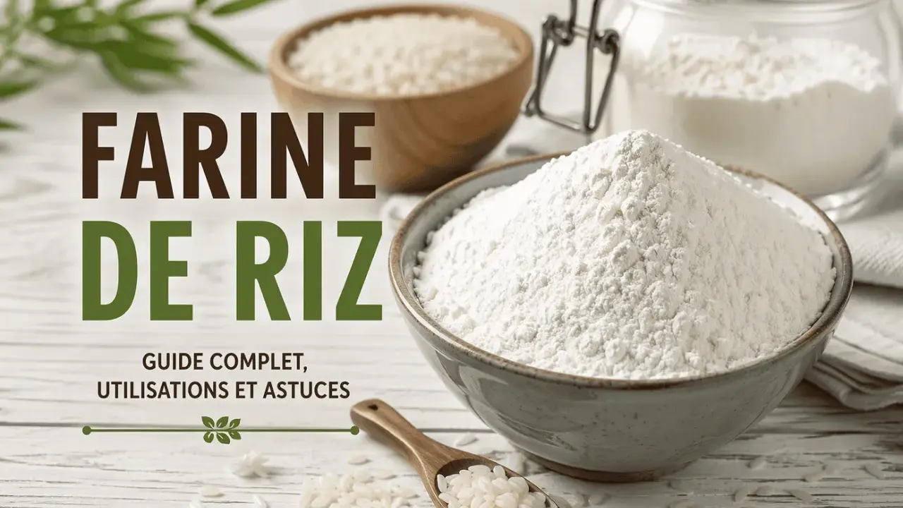 Guide complet sur la farine de riz : par quoi remplacer la farine de riz, ses utilisations et astuces. Gros plan sur des bols de riz et de farine.