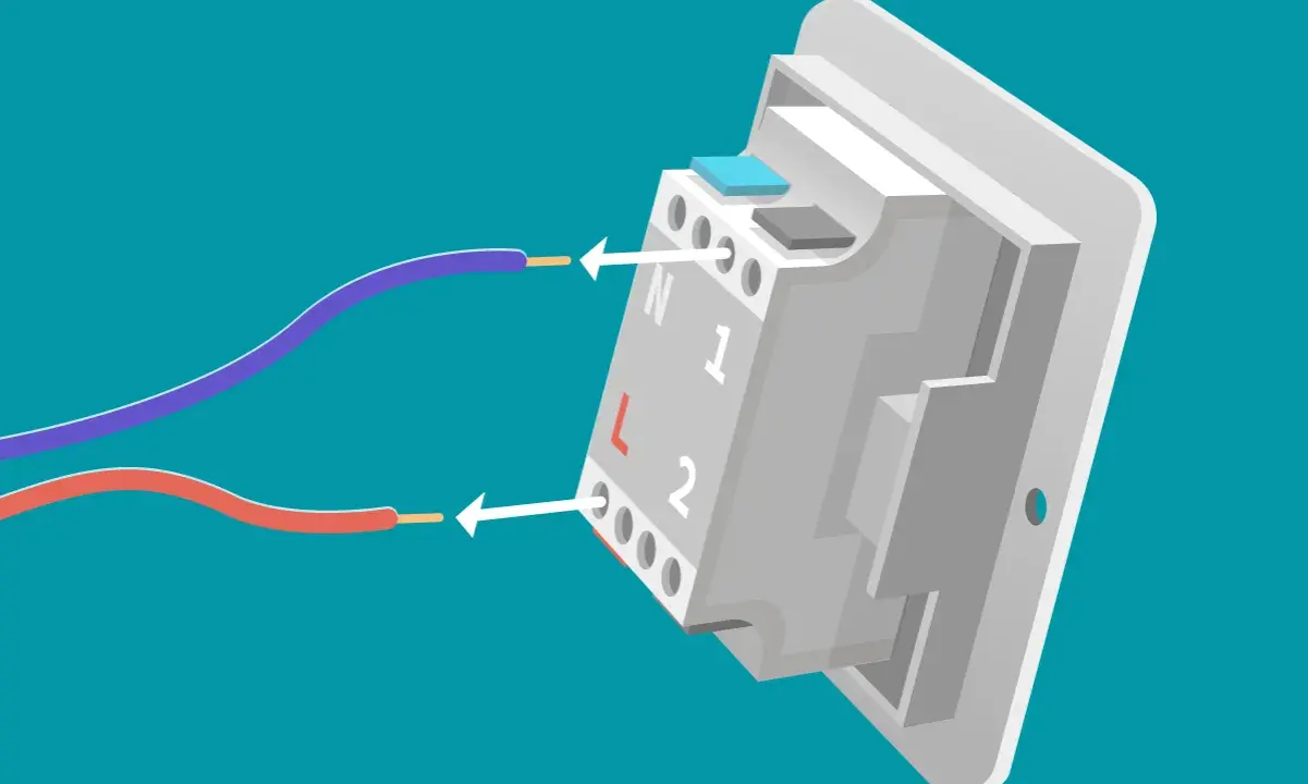 Schéma montrant comment connecter des fils à un nouveau dispositif pour changer interrupteur. Les fils rouge et violet sont guidés vers les bornes L et N.