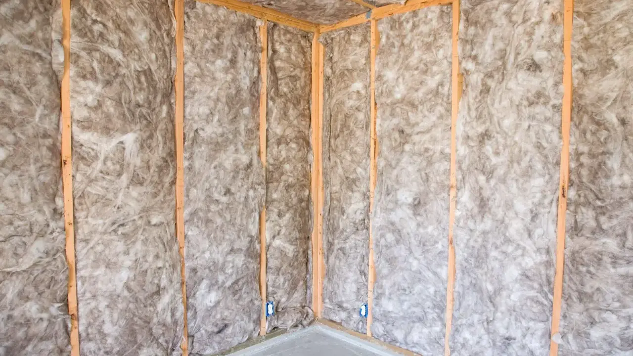 Coin d'une pièce en construction, murs et plafond recouverts d'isolation ouate de cellulose, structure en bois visible.