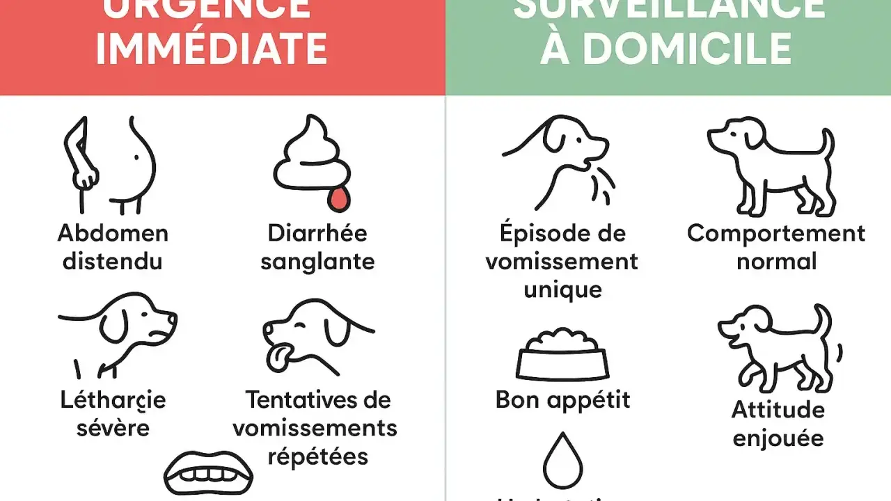 Urgence vétérinaire : chien avec diarrhée sanglante, abdomen distendu, léthargie, gencives pâles. Surveillance : épisode de vomissement unique, bon appétit.