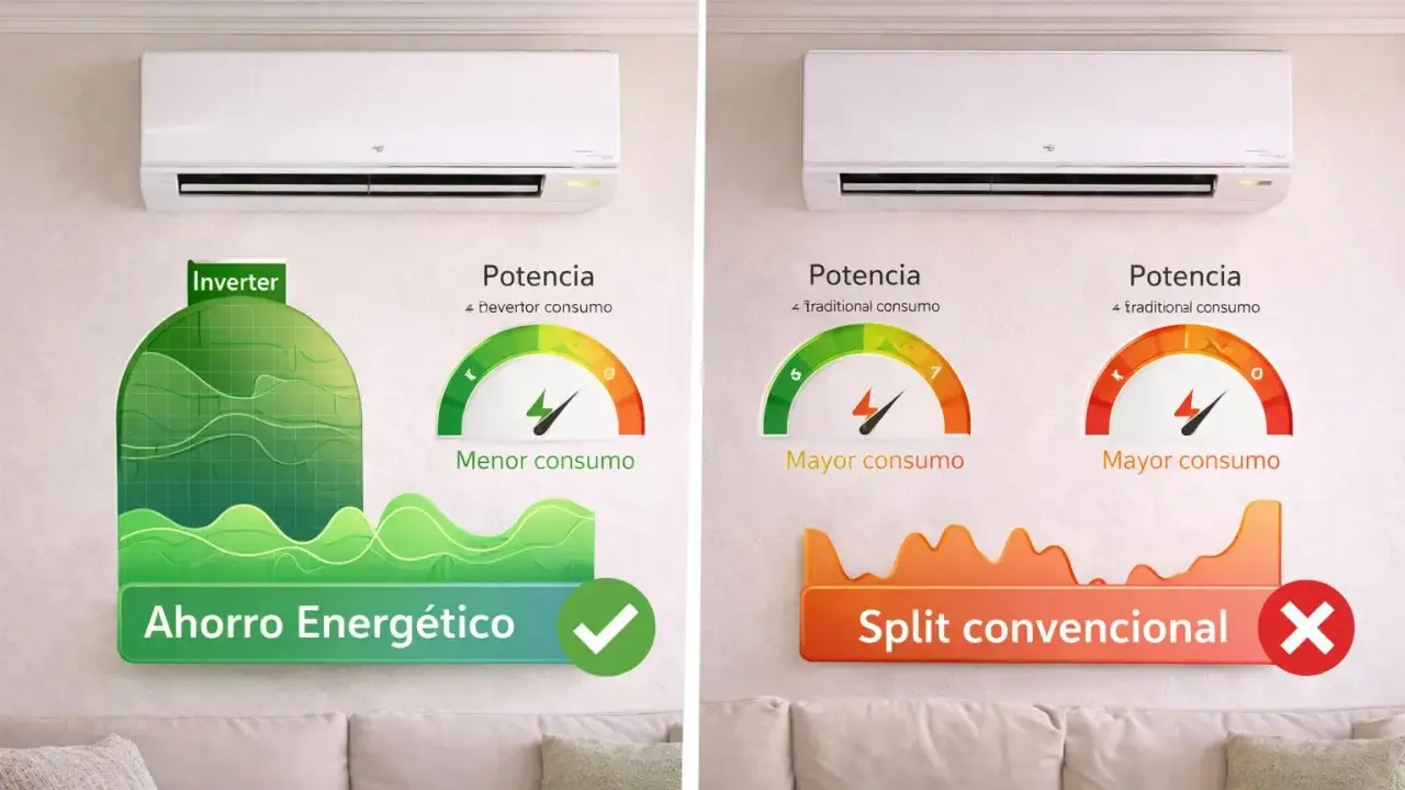 Comparativa de aire acondicionado: Inverter vs. Split convencional. Descubre qué significa invertir en aire acondicionado para un menor consumo y ahorro energético.