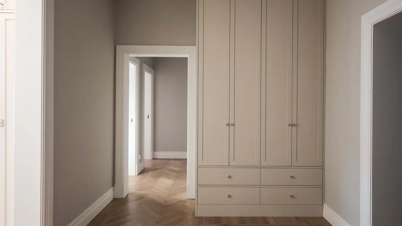 En hall med en stor garderob i ljusgrått och fiskbensparkett. Perfekt grå hall inspiration för ett modernt hem.