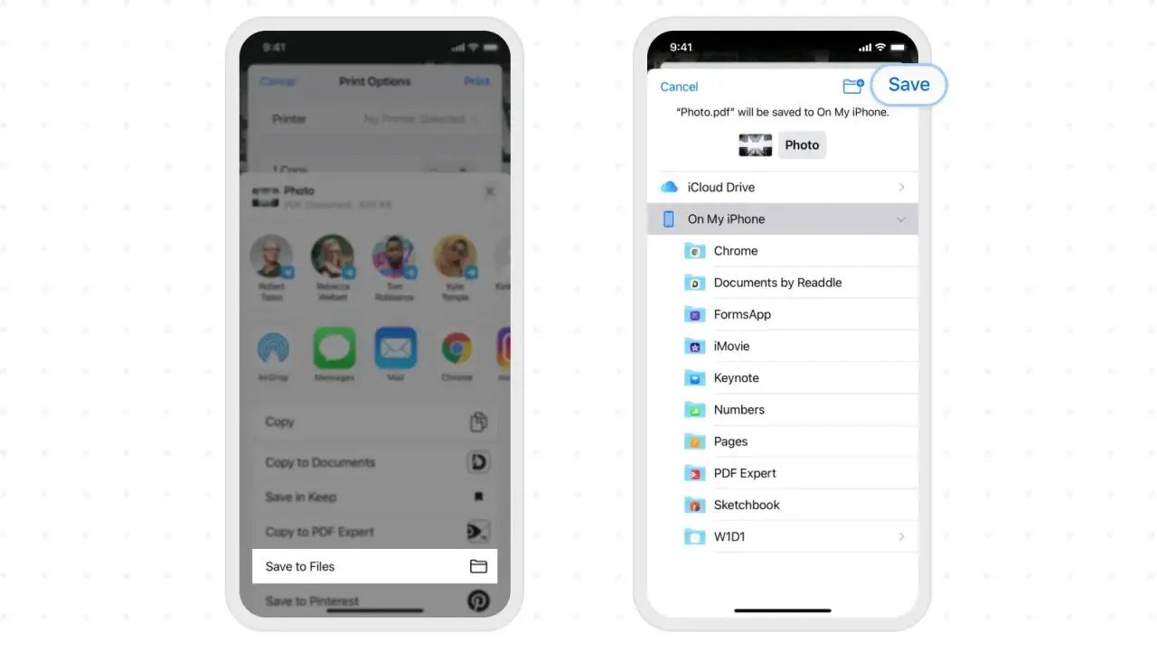 Skanowanie dokumentów iPhone: wybierz "Zapisz do plików", aby zachować zeskanowany dokument PDF na urządzeniu.
