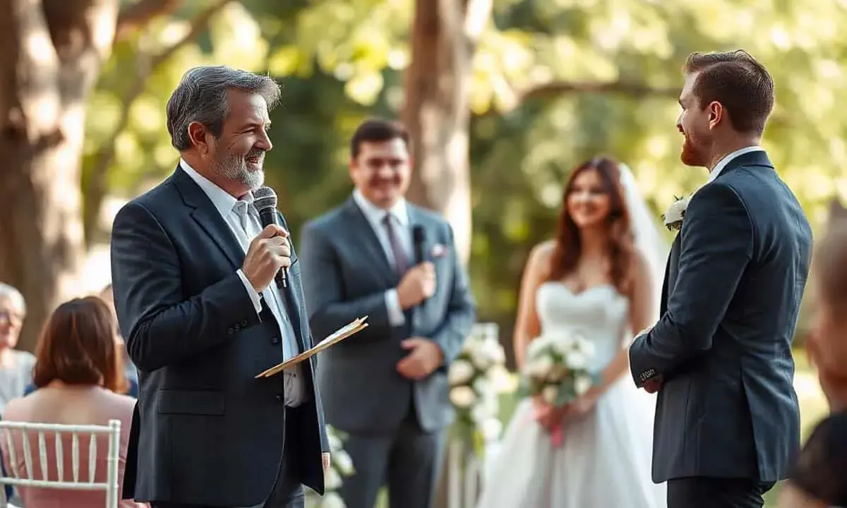 Un hombre con micrófono lee textos para leer en una boda a los novios, quienes sonríen.