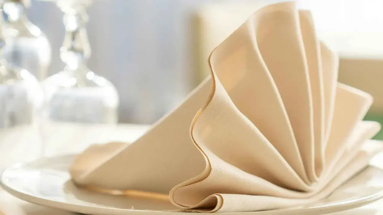 Une serviette en tissu beige pliée en éventail sur une assiette blanche, évoquant un élégant dressage de table à la française.