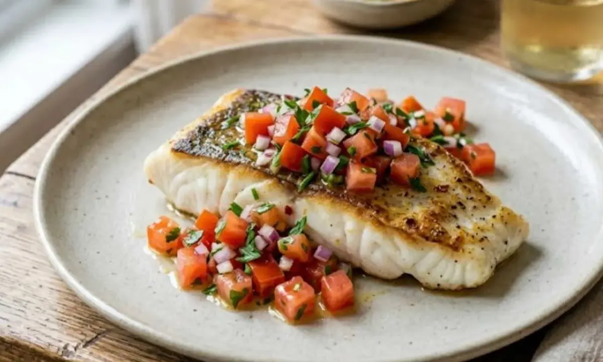 Filet de poisson poêlé garni d'une sauce vierge gastronomique fraîche et colorée, à base de tomates et d'oignons rouges.