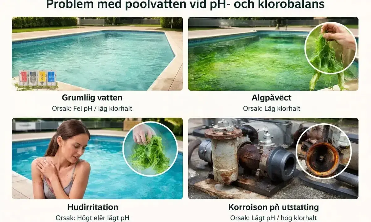 Grönt, grumligt vatten i poolen visar på obalans. Algväxt och hudirritation kan uppstå.