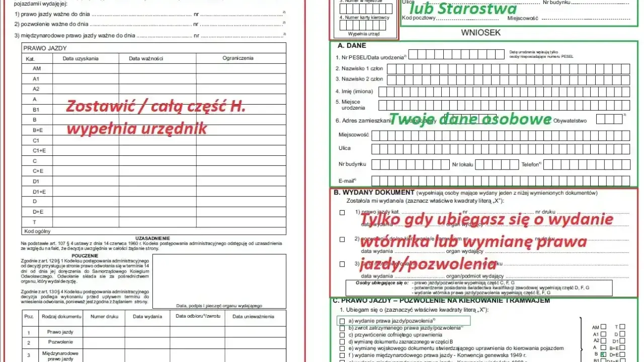 Wniosek o wydanie nowego prawa jazdy. Formularz zawiera dane urzędu, dane osobowe, informacje o wydanym dokumencie i kategoriach prawa jazdy.