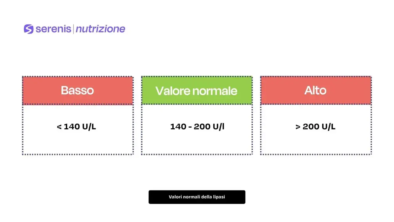 Grafico che illustra i valori normali della lipasi: basso (<140 U/L), normale (140-200 U/I) e alto (>200 U/L).