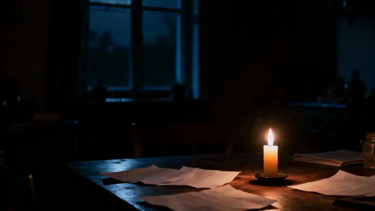 Nocny blackout. Płonąca świeca oświetla dokumenty na stole, księżyc zagląda przez okno.