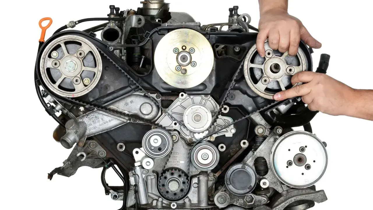 Mechanik sprawdza stan paska rozrządu w silniku samochodowym.