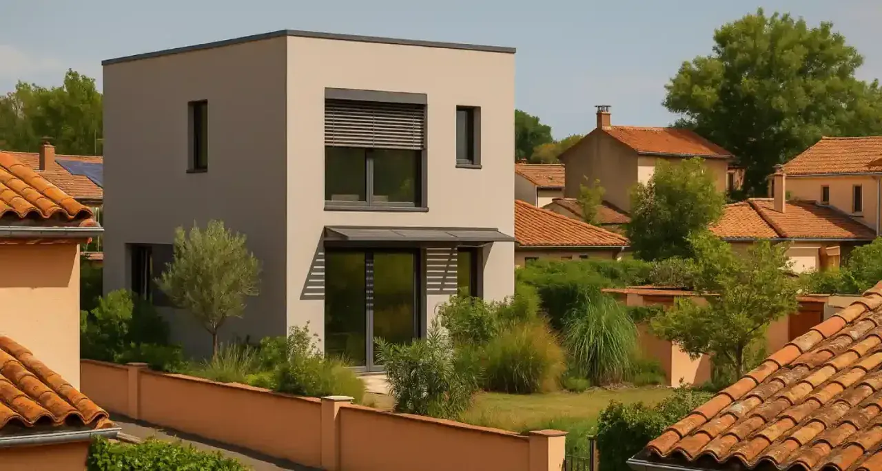 Maison moderne aux lignes épurées, exemple de construction maison passive. Jardin verdoyant et toits de tuiles environnants.