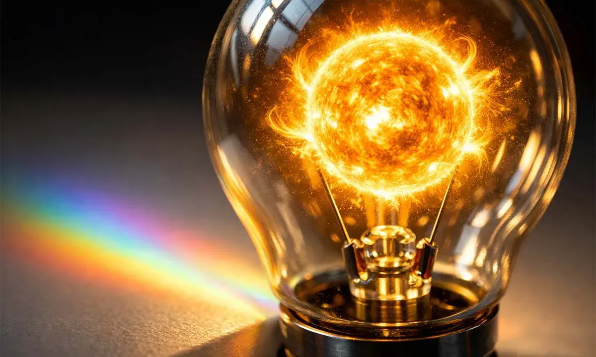 Une ampoule contenant le soleil, symbolisant l'intensité lumineuse formule. Un arc-en-ciel se reflète sur le côté.
