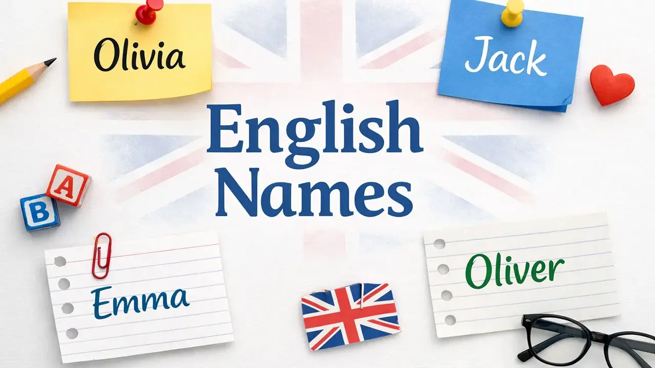Olivia, Jack, Emma, Oliver – popularne angielskie imiona na tle flagi Wielkiej Brytanii.