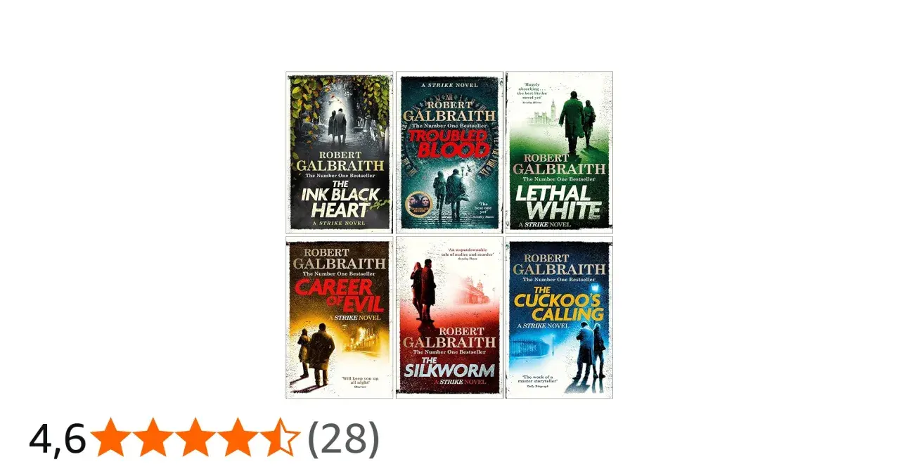 I copertine dei cormoran strike libri in ordine cronologico: The Ink Black Heart, Troubled Blood, Lethal White, Career of Evil, The Silkworm, The Cuckoo's Calling.